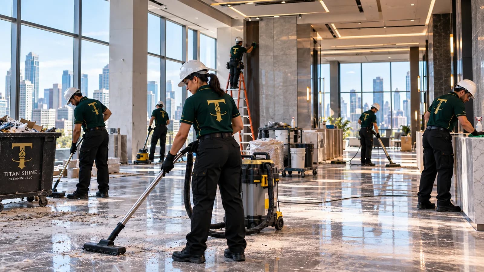 Titan Shine crew in hard hats cleaning a newly built commercial interior